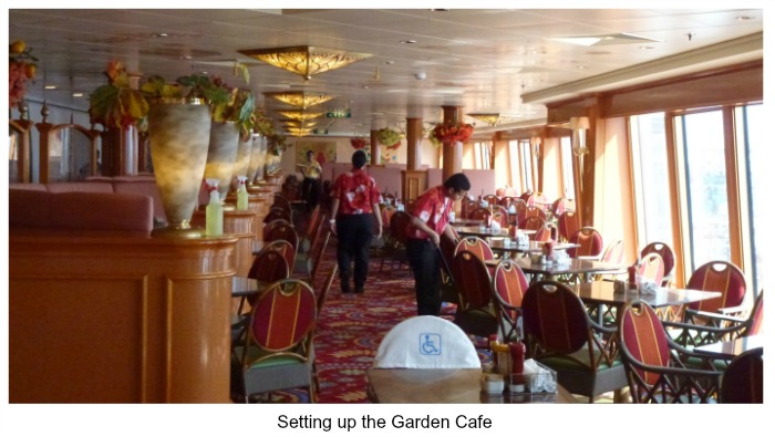 Norwegian Pearl Restaurants - Setting up the Garden Buffet